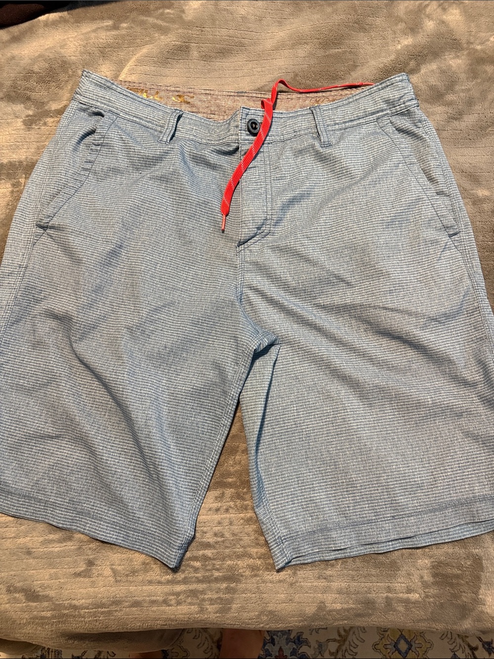 O'Neill hybrid Light Blue Flat Front Shorts with Red Drawstring